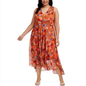 Calvin Klein size 20W Orange Floral Chiffon Surplice Midi Dress Event Romantic